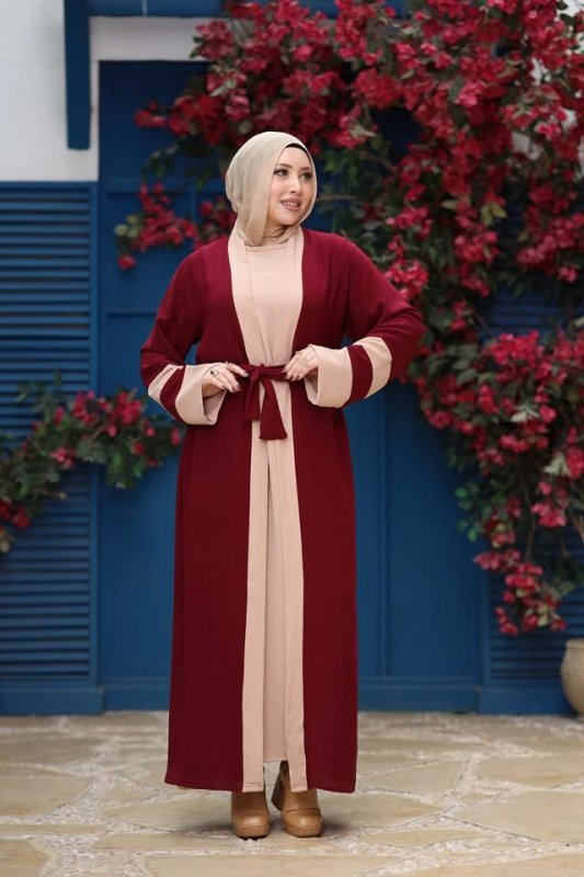 Stylish Burgundy & Beige Contrast Abaya with Belted Waist - Ruehaya