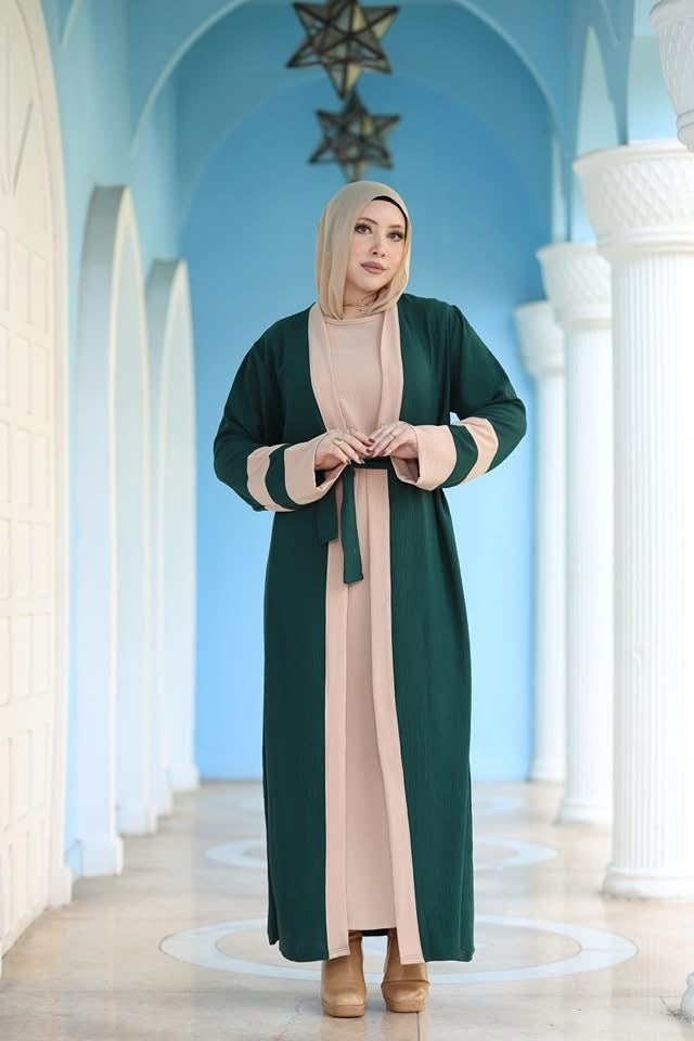 Stylish Green & Beige Abaya with Belted Waist - Ruehaya