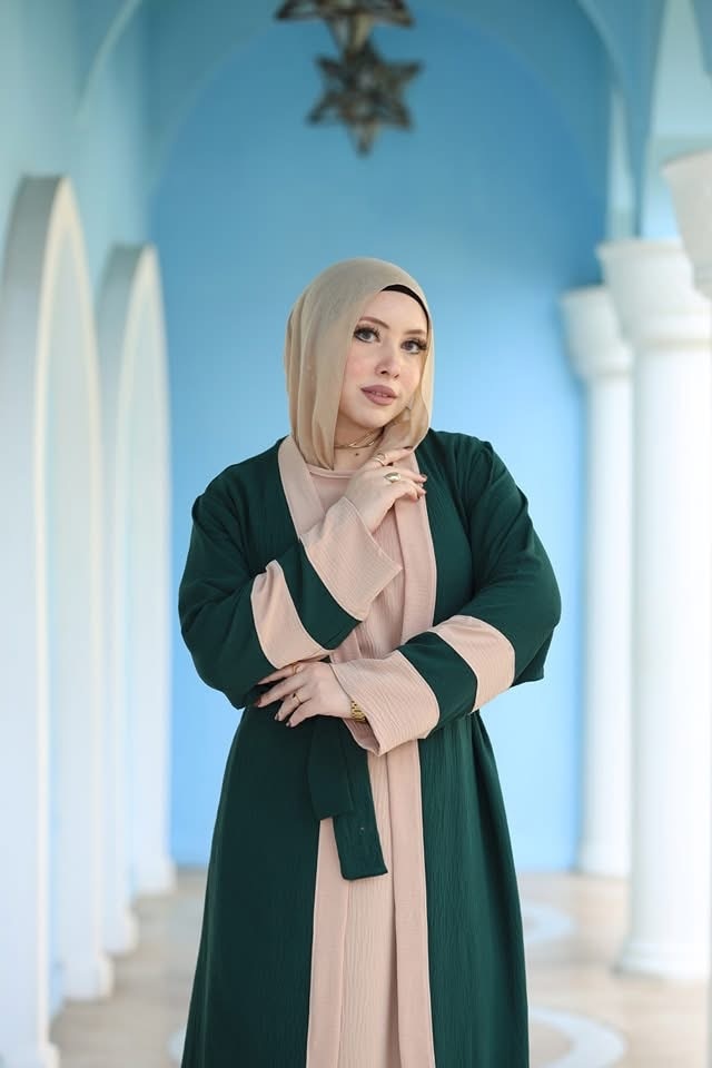 Stylish Green & Beige Abaya with Belted Waist - Ruehaya