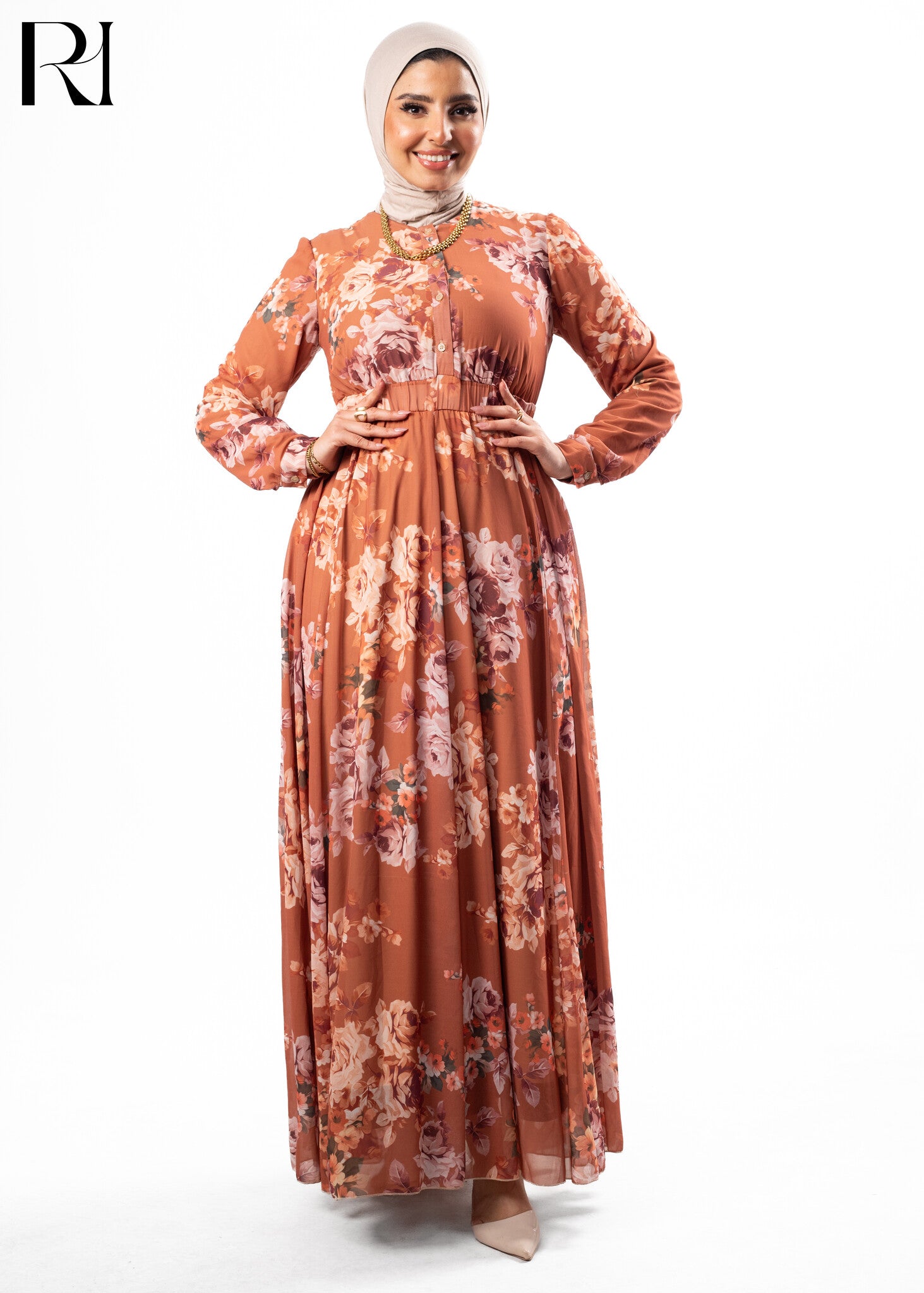 Terracotta Rose Modest Floral Maxi Dress US 14 / Burnt Orange Terracotta Rose Modest Floral Maxi Dress US 14 / Burnt Orange