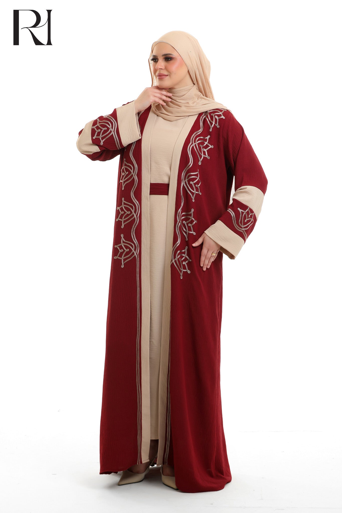 Samira Embroidered Crepe Abaya Set - Spiced Red