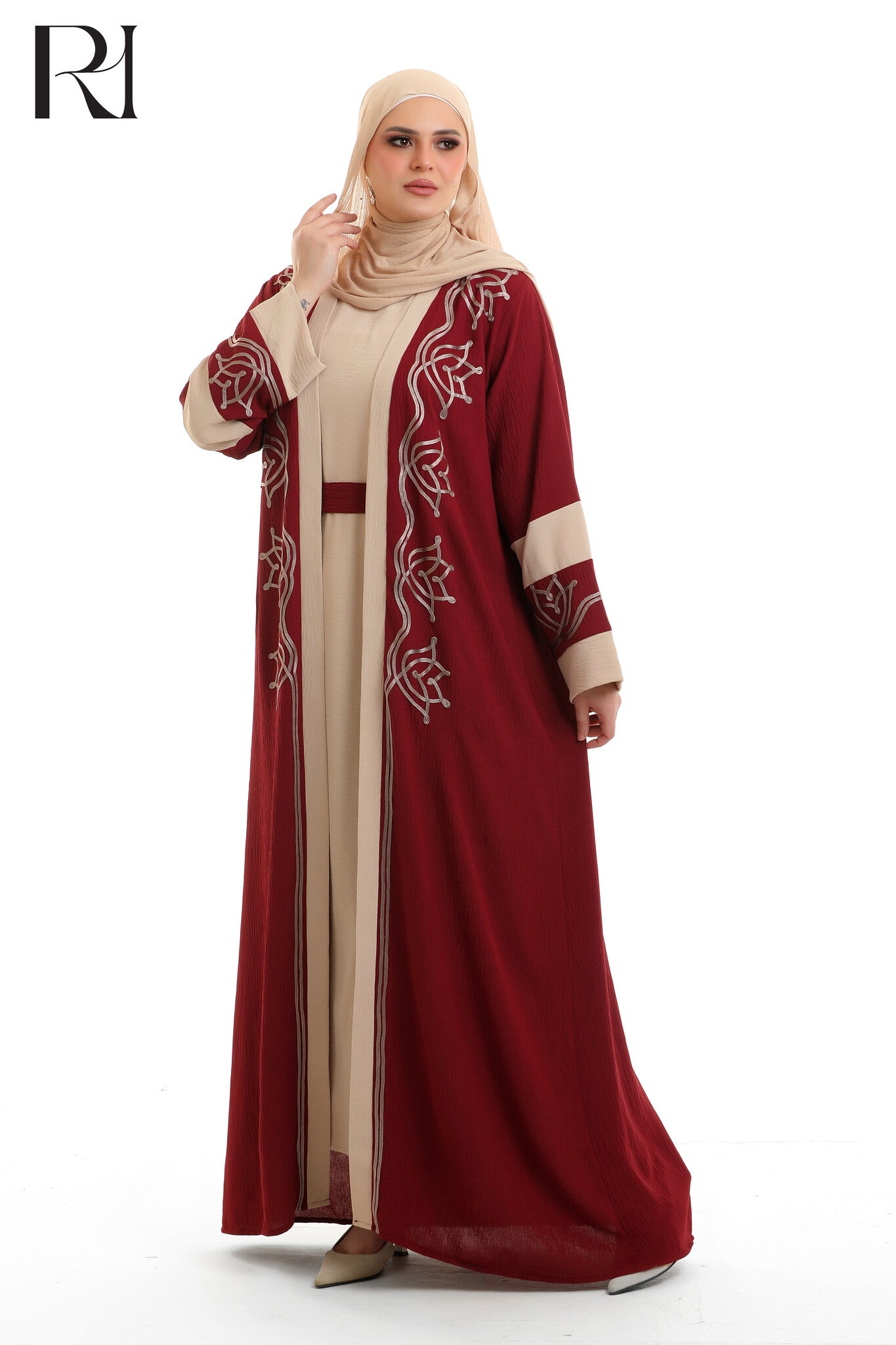 Samira Embroidered Crepe Abaya Set - Spiced Red