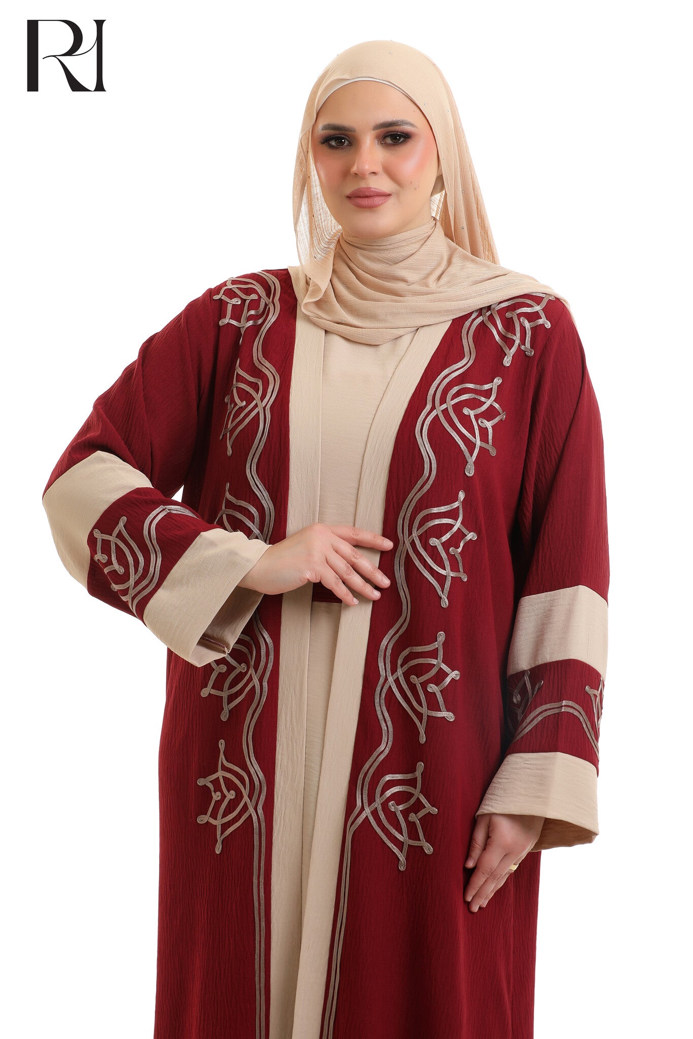 Samira Embroidered Crepe Abaya Set - Spiced Red