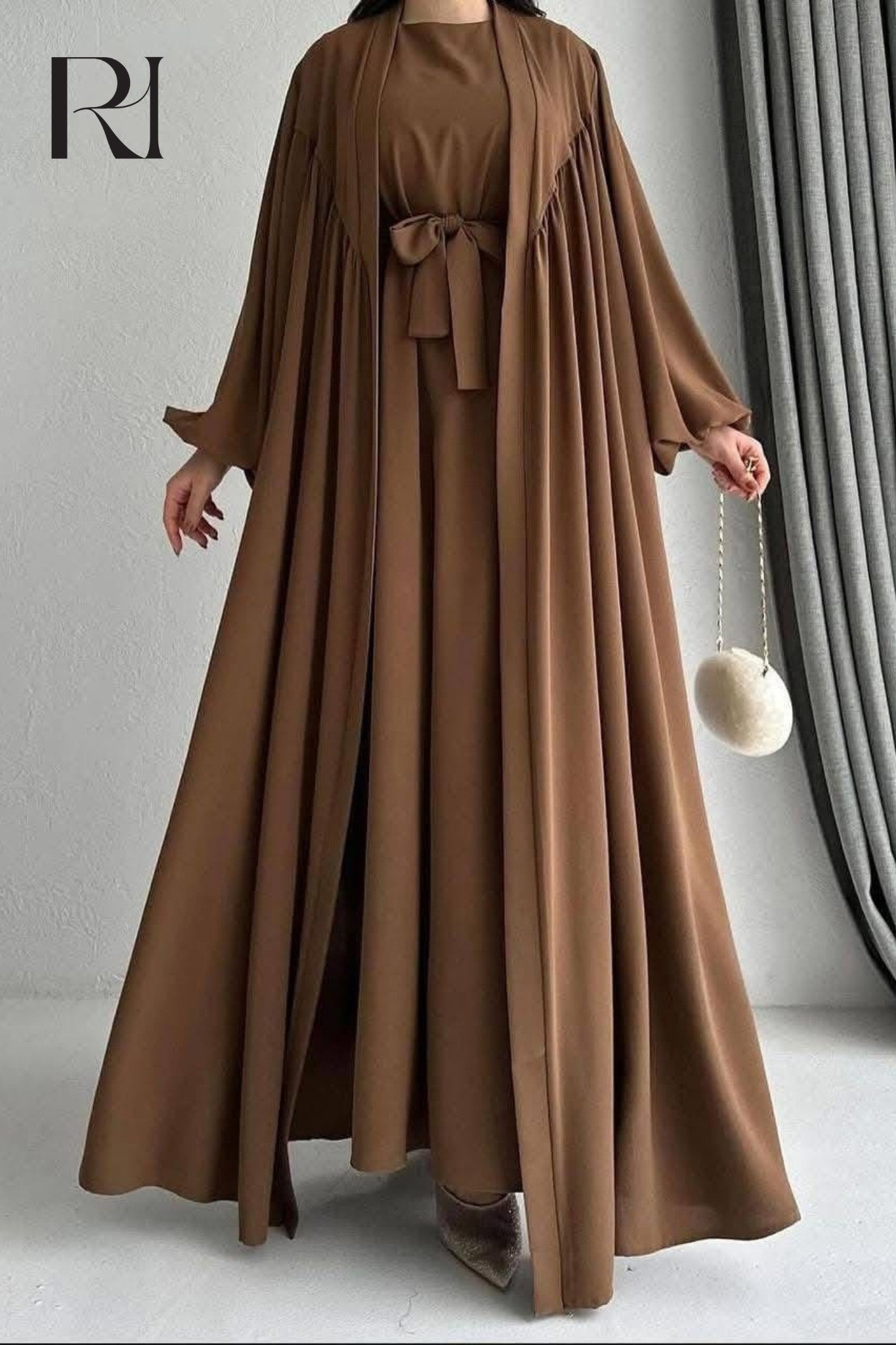Timeless Chocolate Brown Flowy Abaya Set - Ruehaya