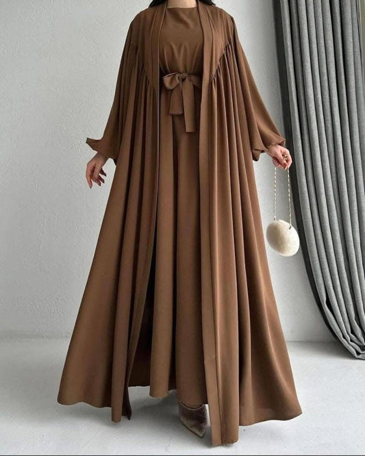 Timeless Chocolate Brown Flowy Abaya Set - Ruehaya