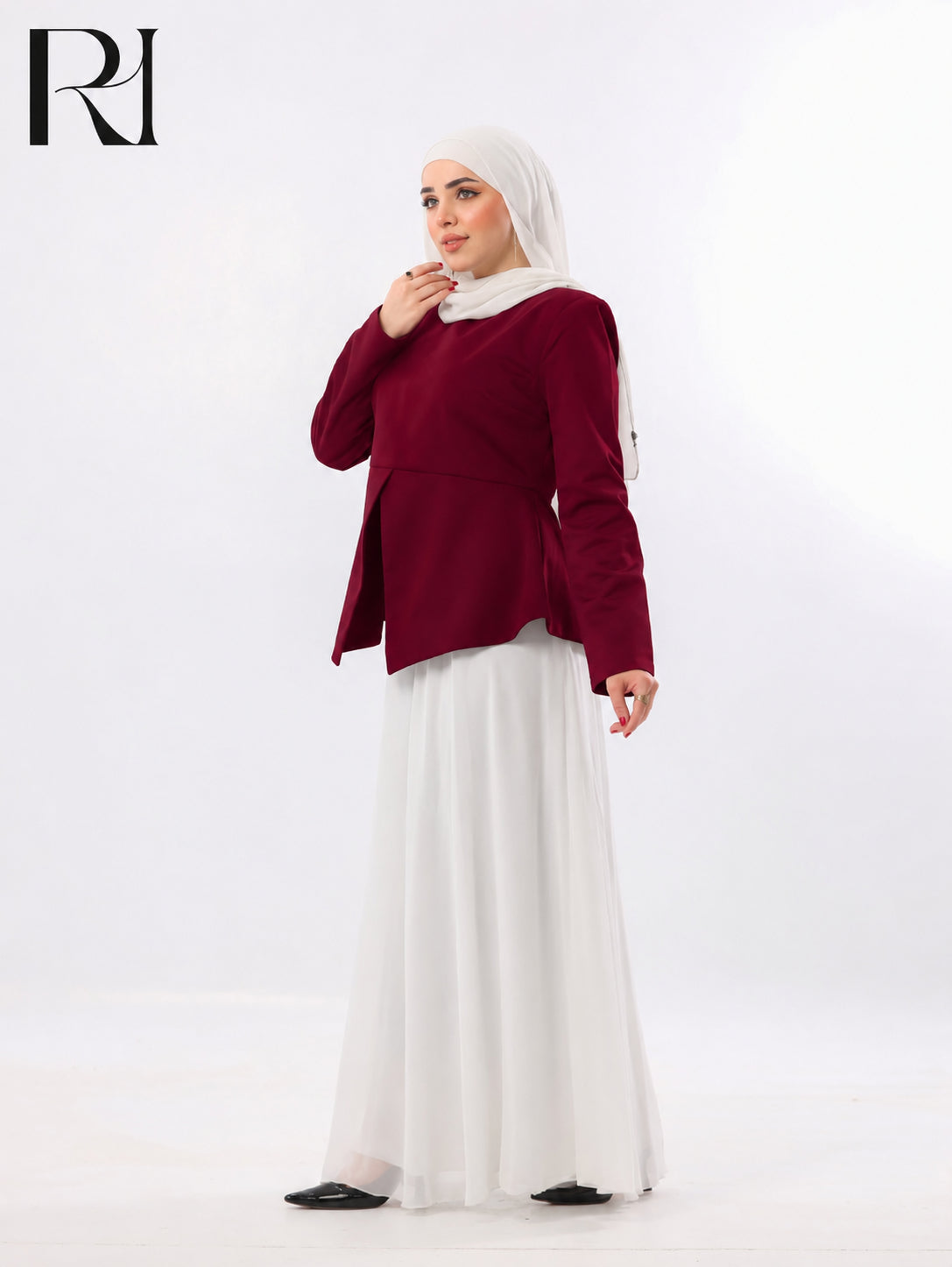Lina Peplum Modest Two Piece Set – Burgundy & White