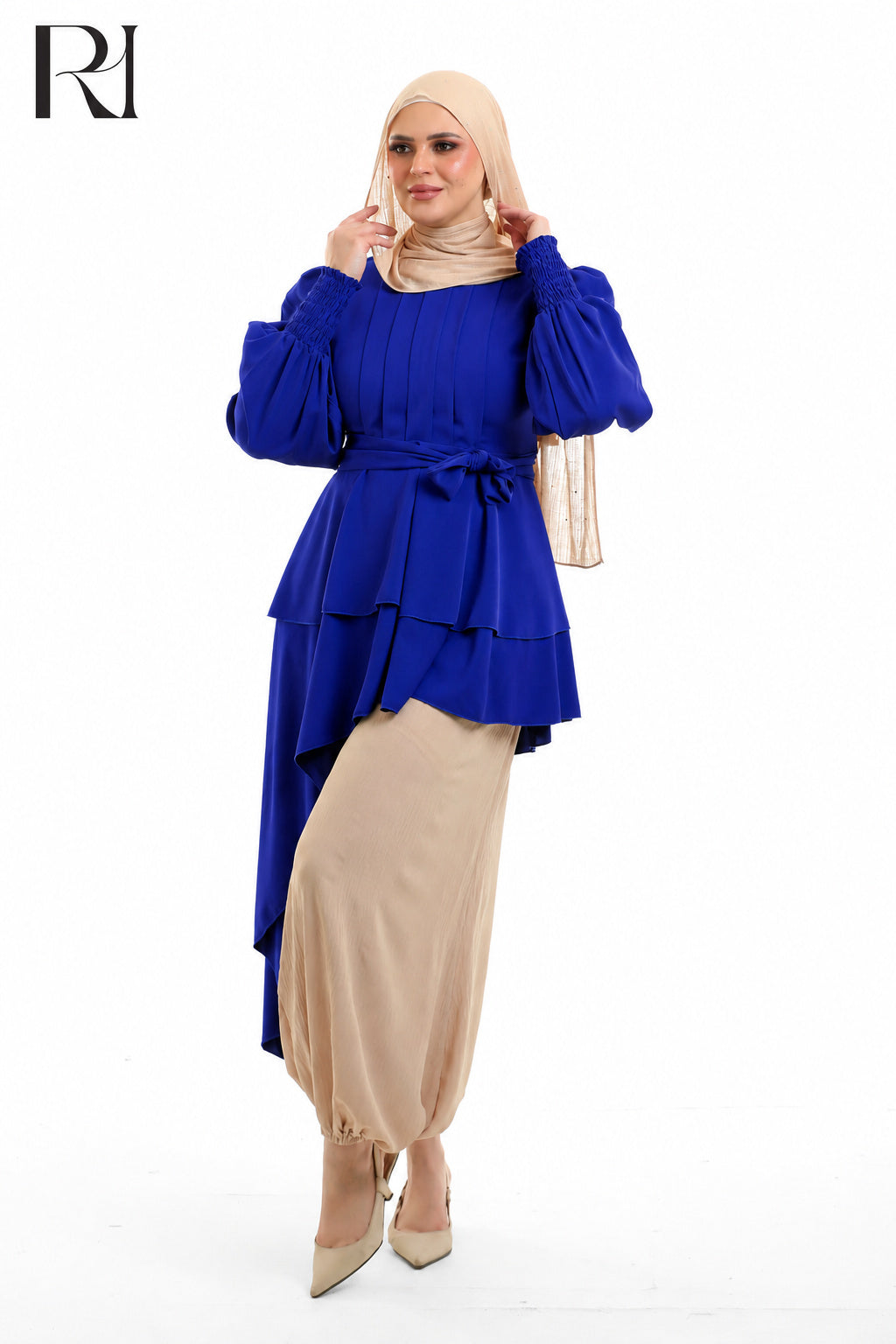 Alya Contrast Linen Silk Two Piece Set - Blue & Beige