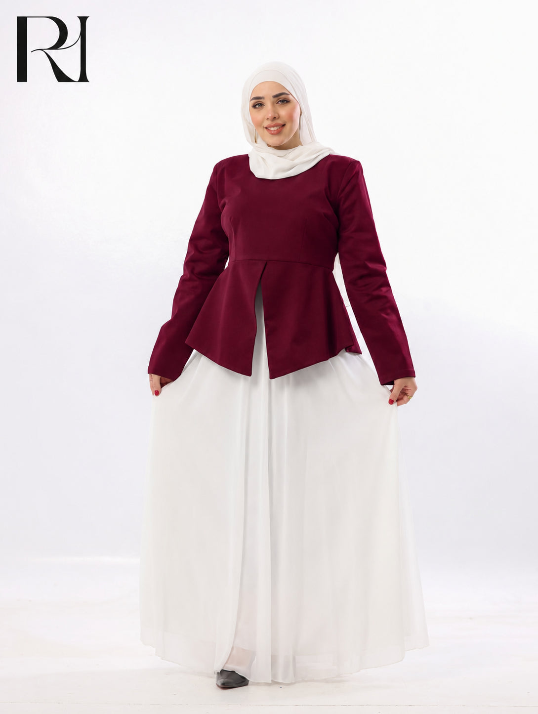 Lina Peplum Modest Two Piece Set – Burgundy & White