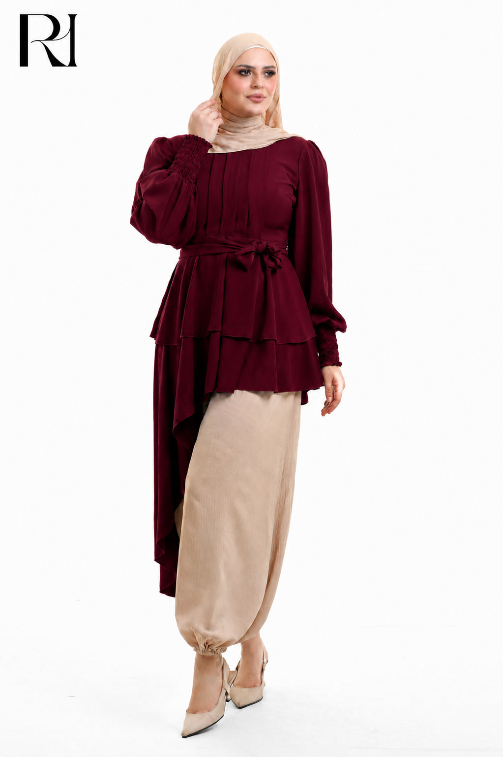 Alya Contrast Linen Silk Two Piece Set - Bugundy & Beige