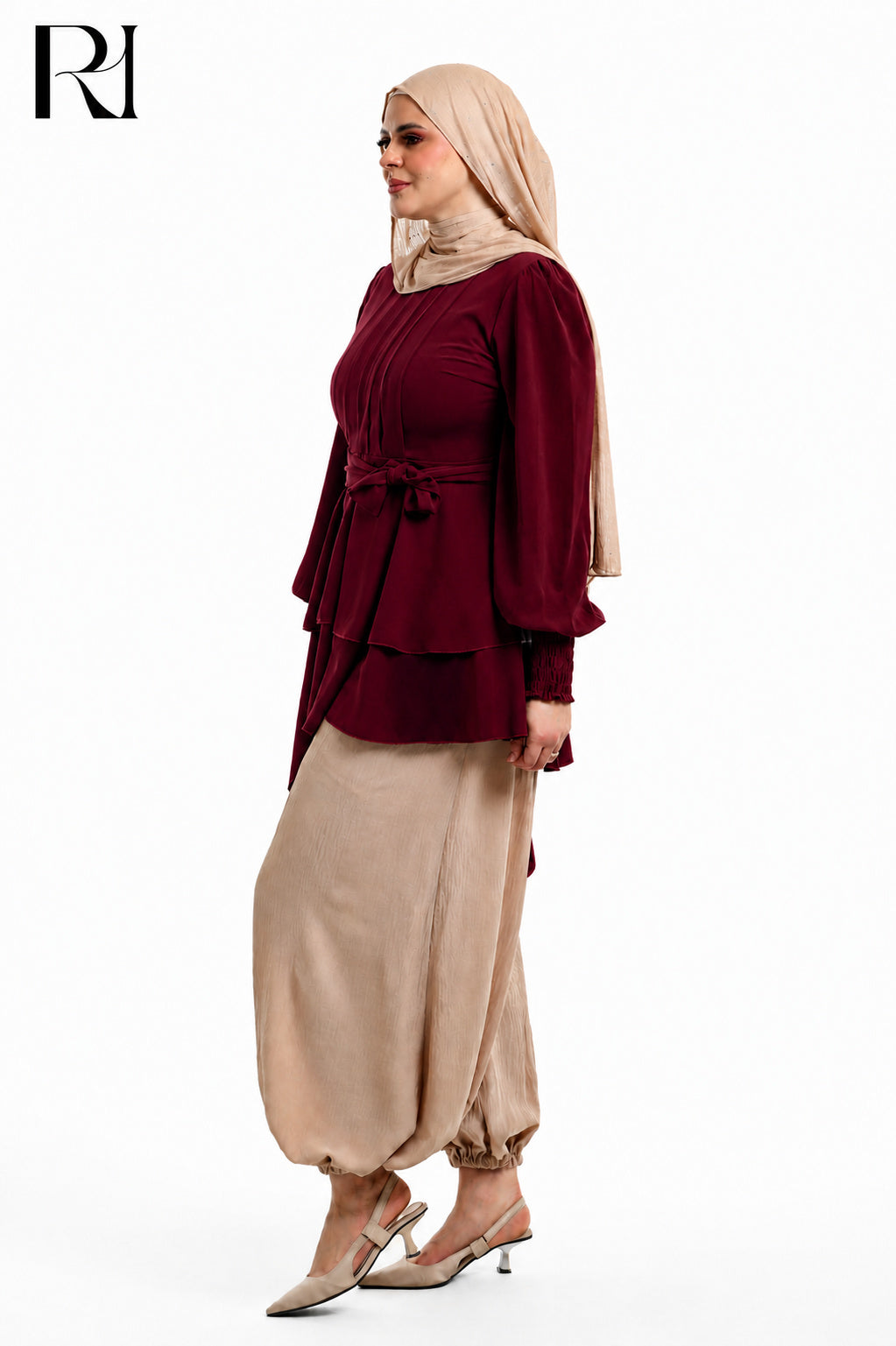 Alya Contrast Linen Silk Two Piece Set - Bugundy & Beige