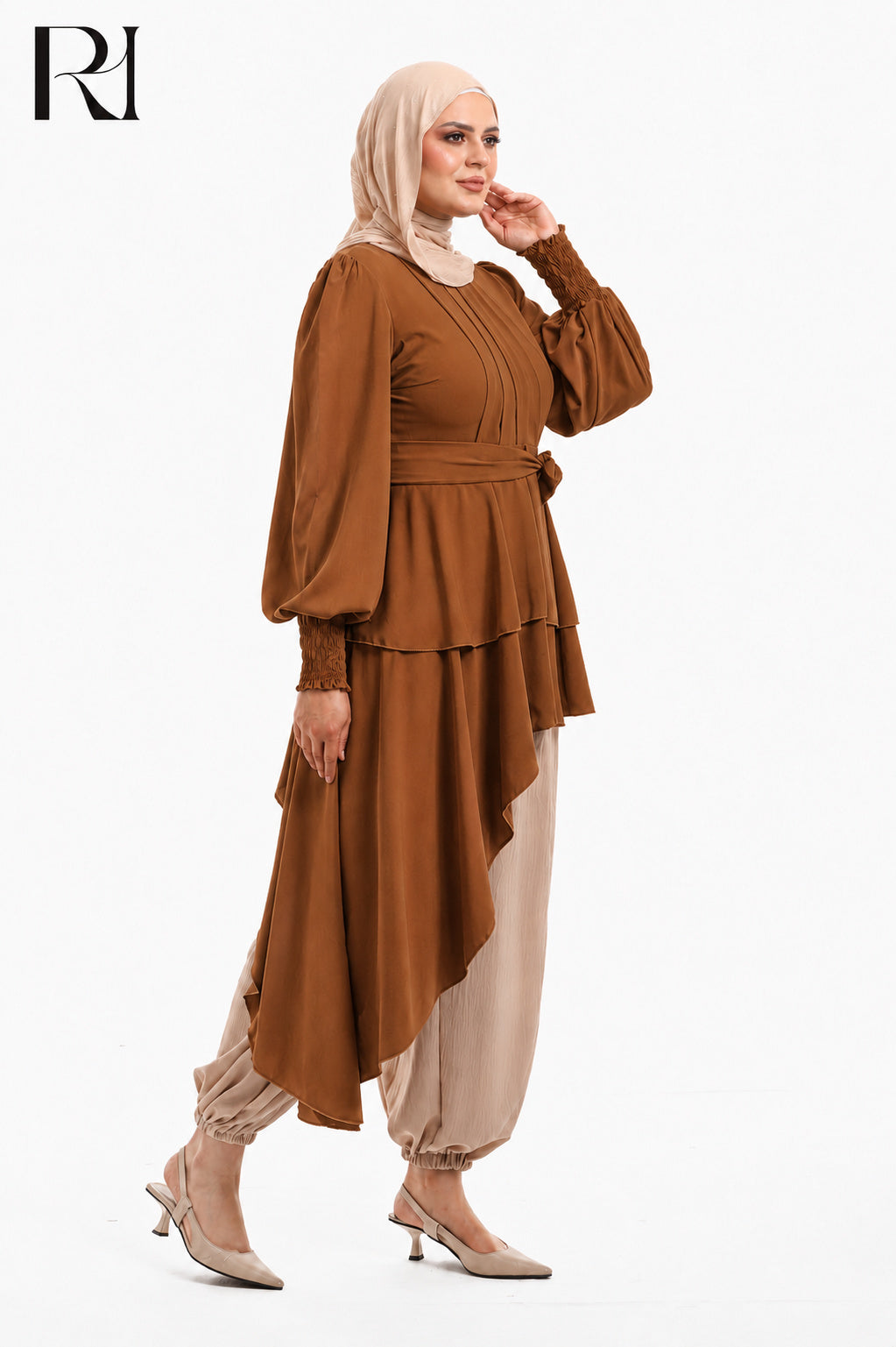Nyla Drape Linen Blend Modest Top - Burnt Orange