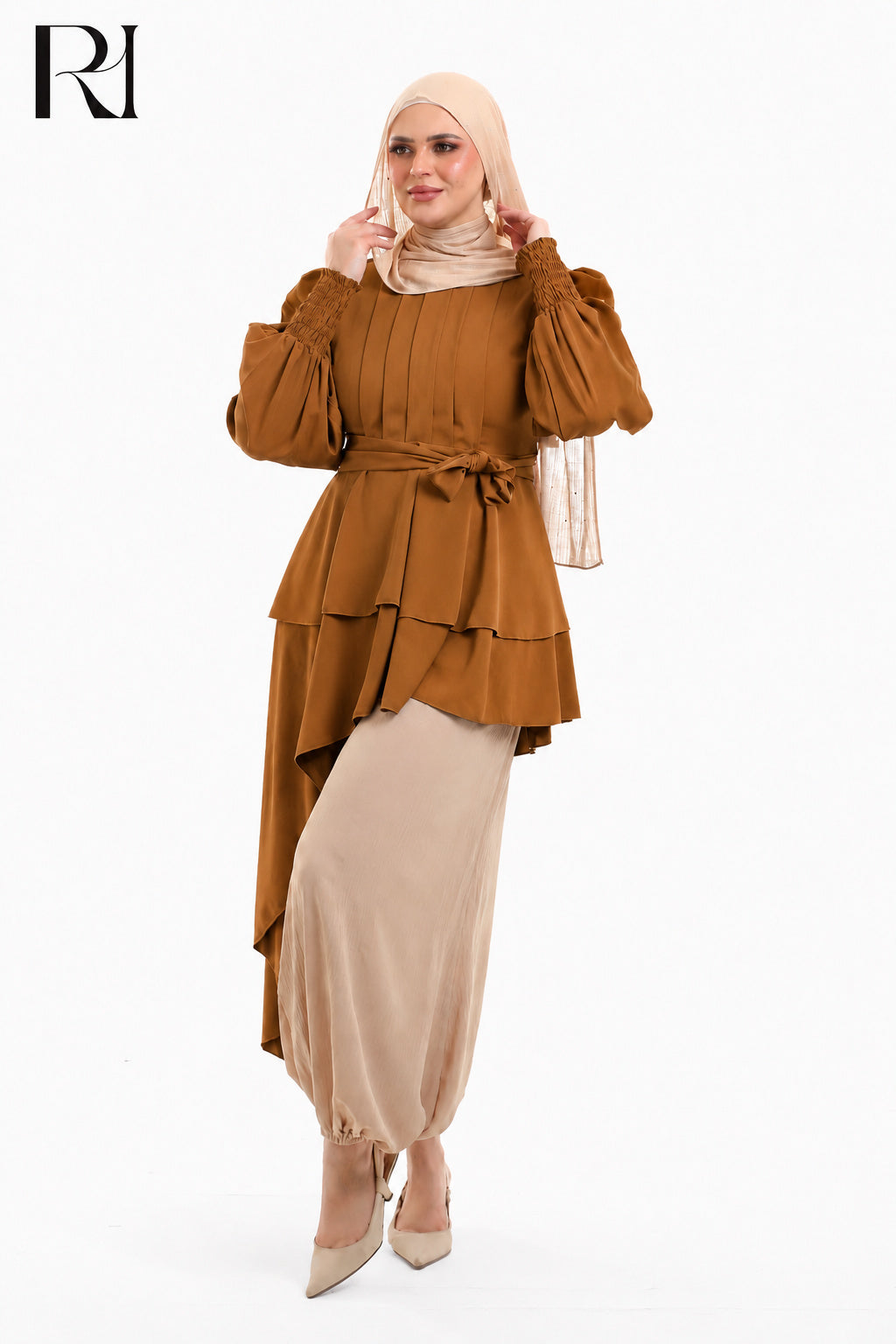 Nyla Drape Linen Blend Modest Top - Burnt Orange