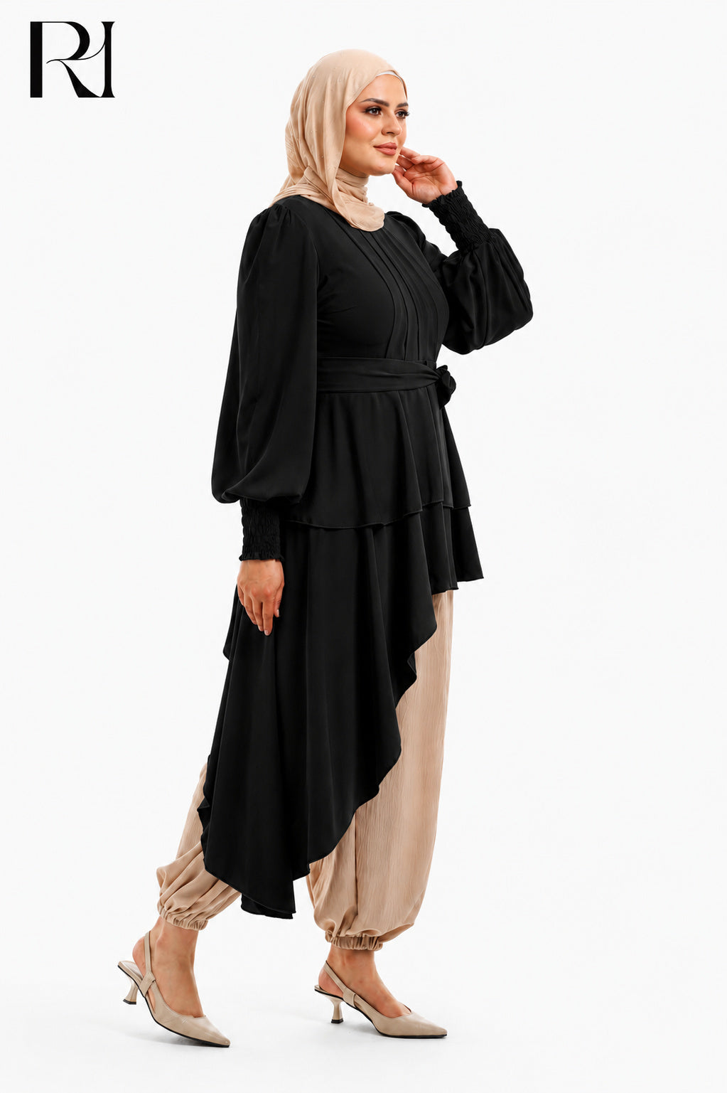 Nyla Drape Linen Blend Modest Top - Black