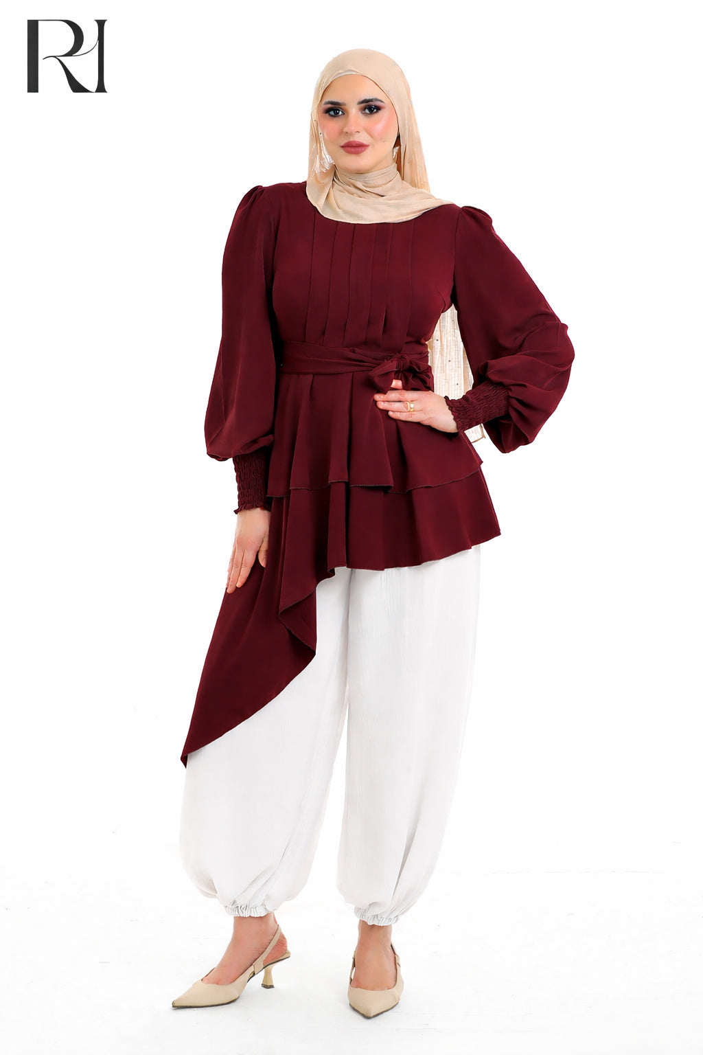 Linen-blend Layered Modest Two-Piece Set  - White Trousers