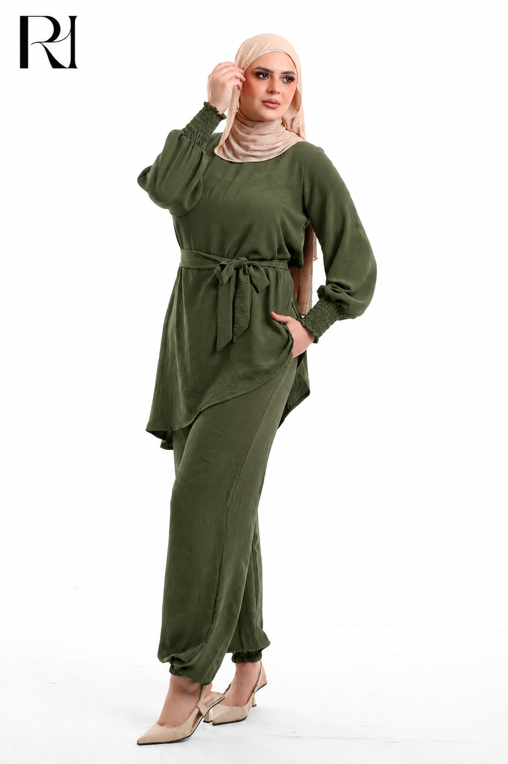 Amal Grace Linen Blend Two Piece Set - Olive Green