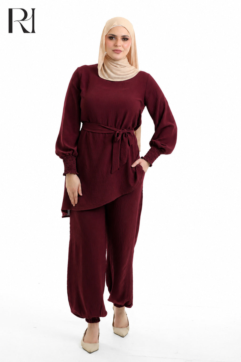 Amal Grace Linen Blend Two Piece Set - Burgundy