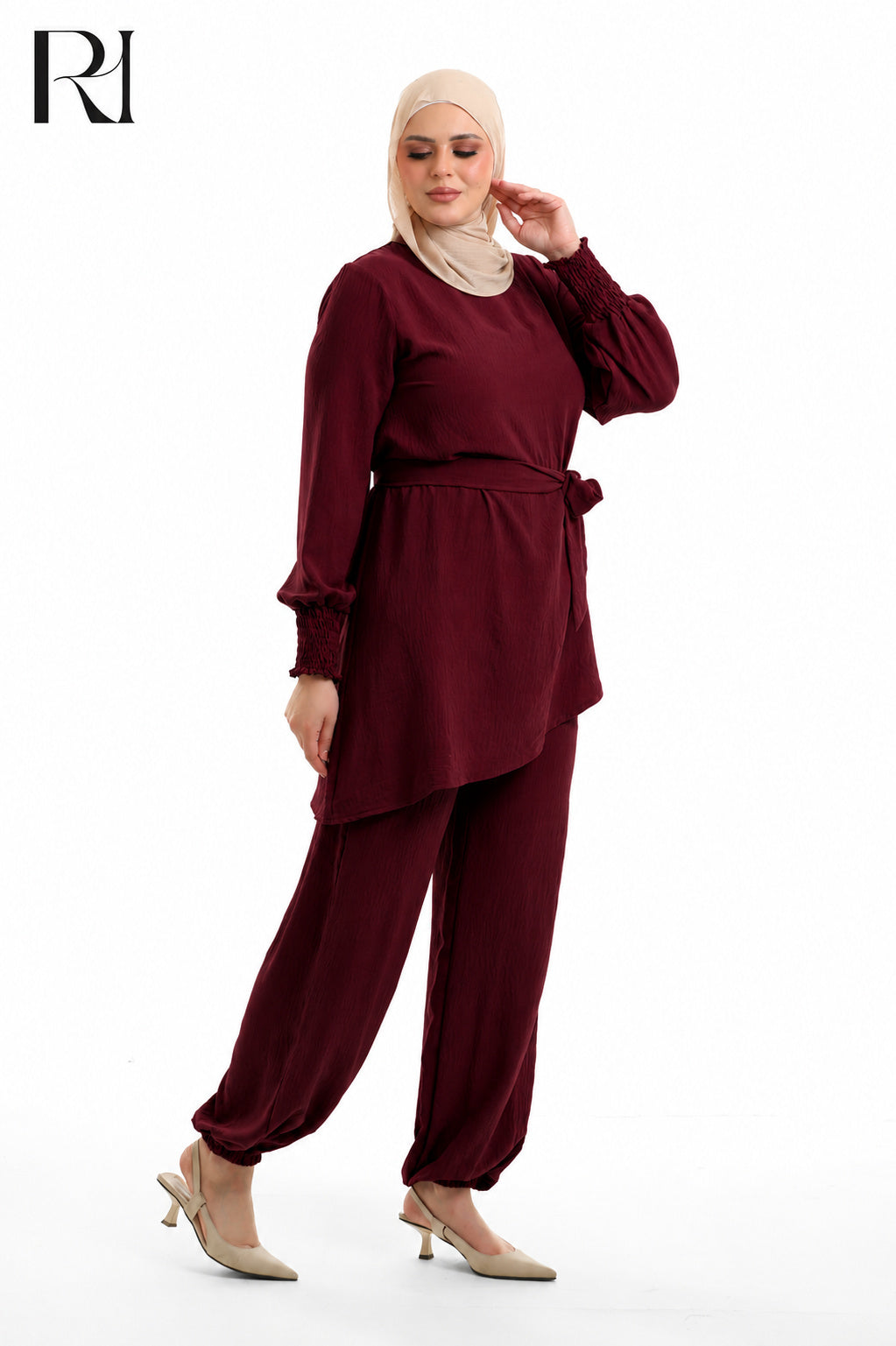 Amal Grace Linen Blend Two Piece Set - Burgundy