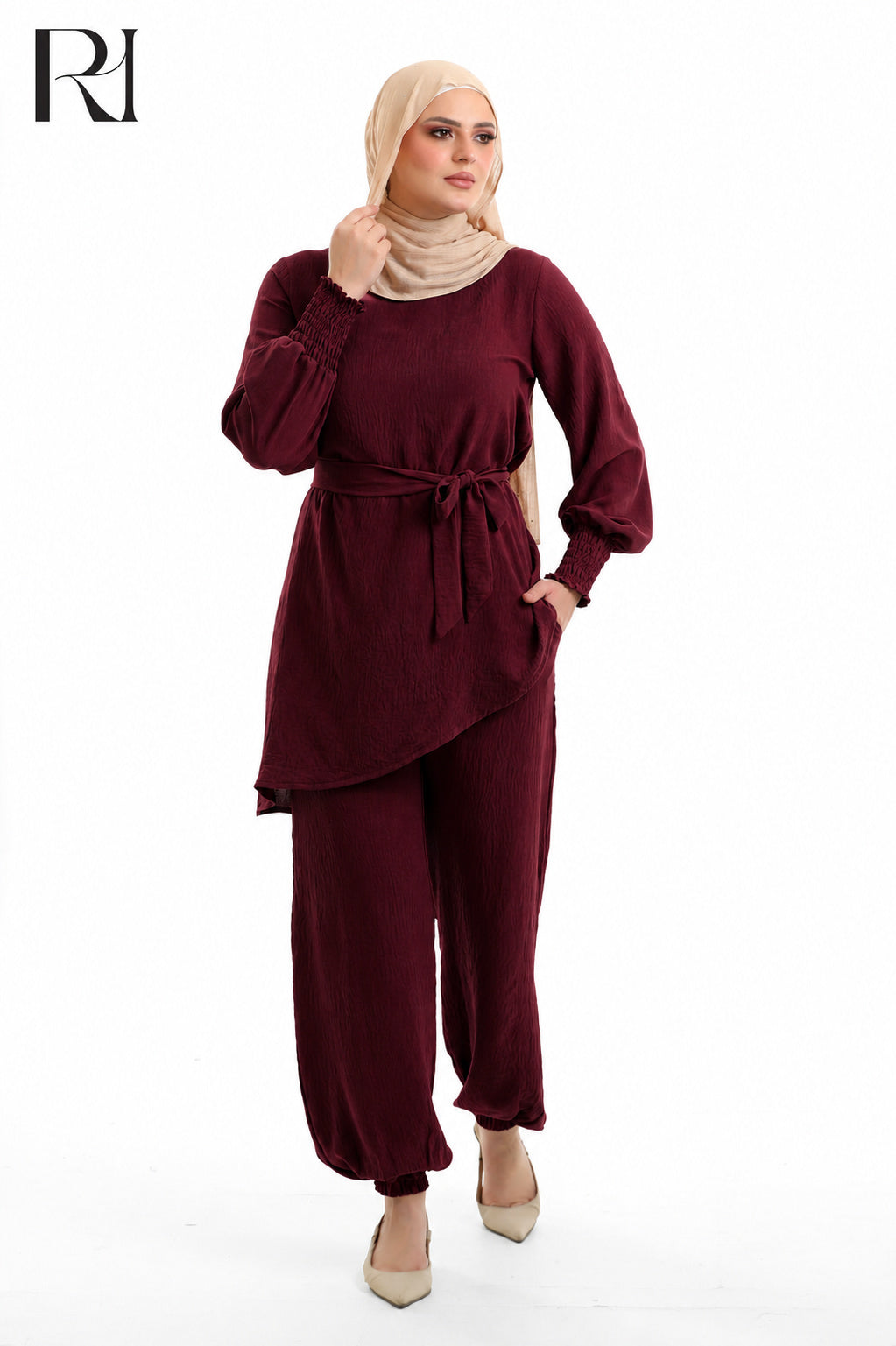 Amal Grace Linen Blend Two Piece Set - Burgundy