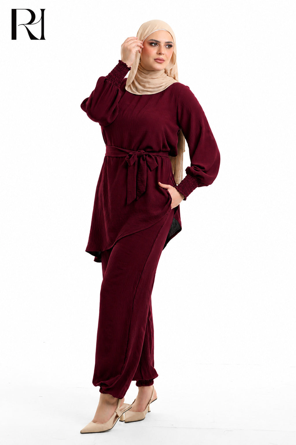 Amal Grace Linen Blend Two Piece Set - Burgundy