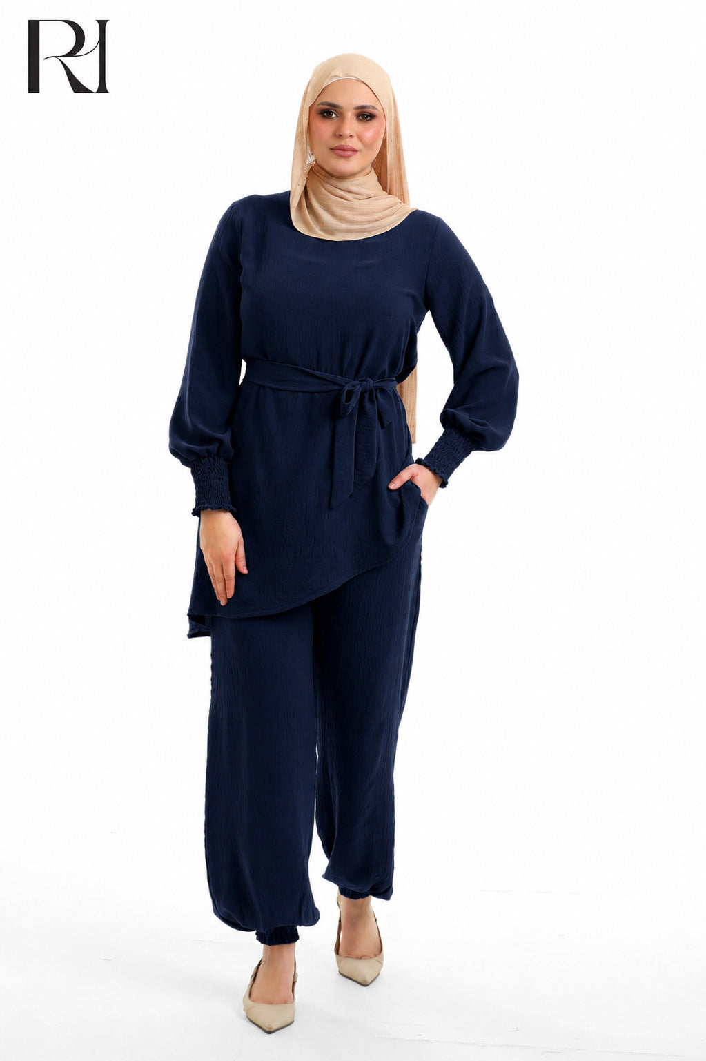Amal Grace Linen Blend Two Piece Set - Navy