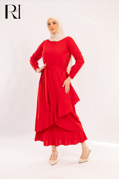 Valentina Scarlet Red Asymmetrical Ruffle Dress - Ruehaya