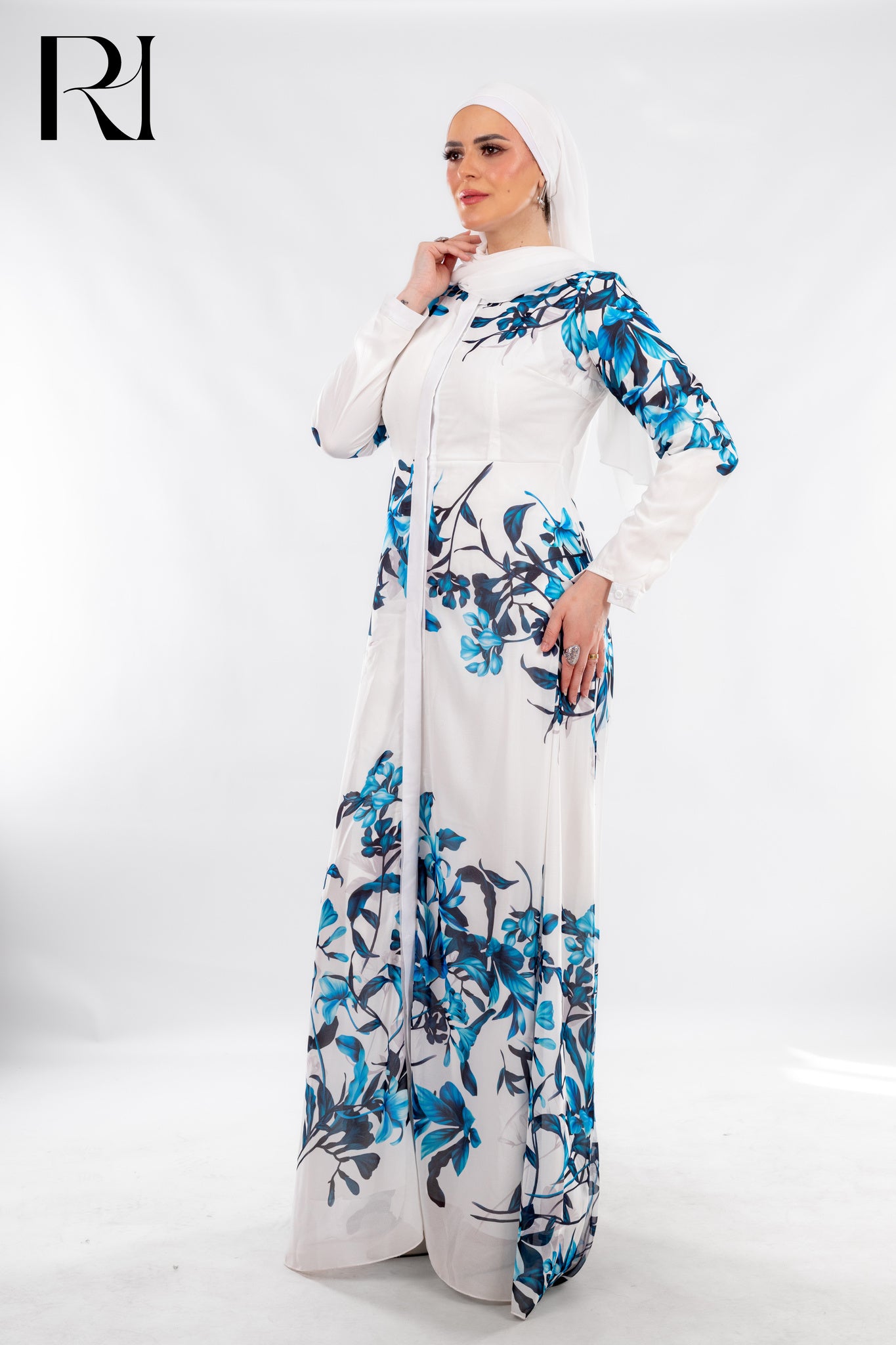 White & Blue Bloom Maxi with Fresh Sophistication - Ruehaya