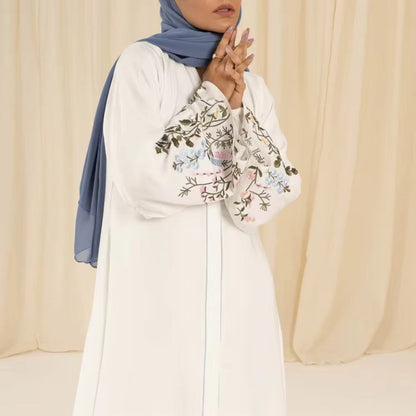 White Embroidered Abaya with Flared Sleeves - Ruehaya