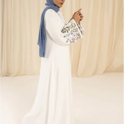 White Embroidered Abaya with Flared Sleeves - Ruehaya