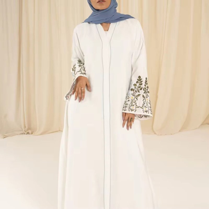 White Embroidered Abaya with Flared Sleeves - Ruehaya