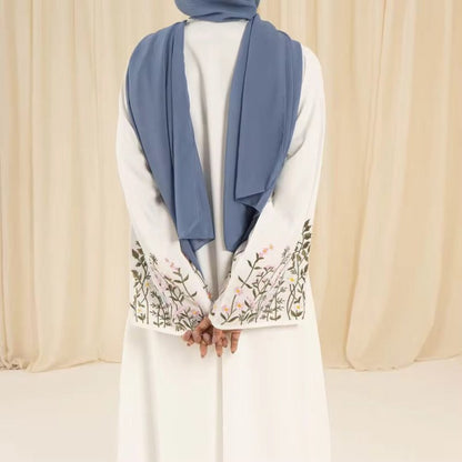 White Embroidered Abaya with Flared Sleeves - Ruehaya