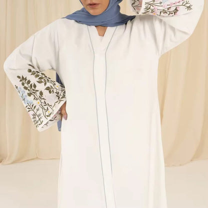 White Embroidered Abaya with Flared Sleeves - Ruehaya
