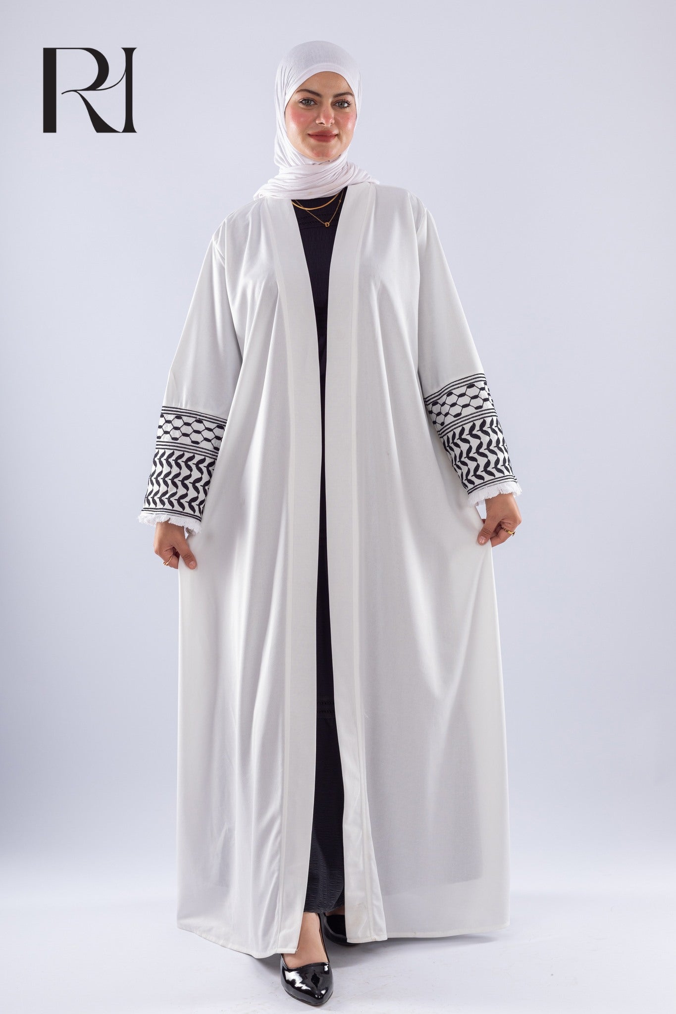 White Keffiyeh Inspired Abaya | Elegant Modest Wear - Ruehaya