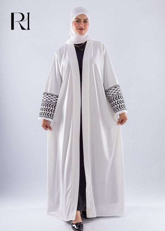 White Keffiyeh Inspired Abaya | Elegant Modest Wear - Ruehaya