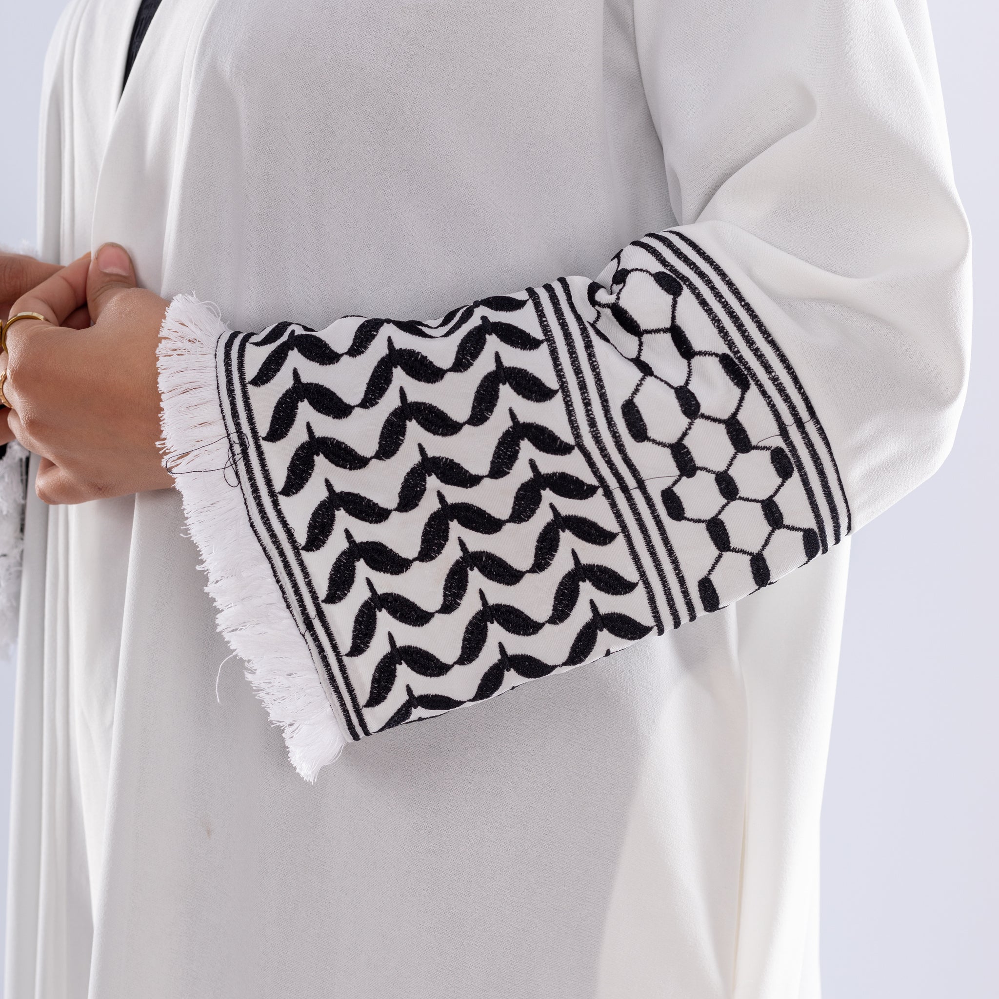White Keffiyeh Inspired Abaya | Elegant Modest Wear - Ruehaya
