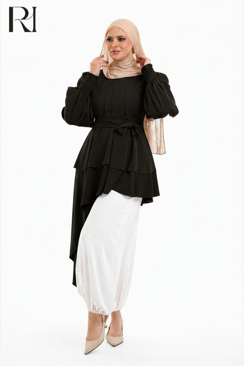 Alya Contrast Linen Silk Two Piece  Set - Black