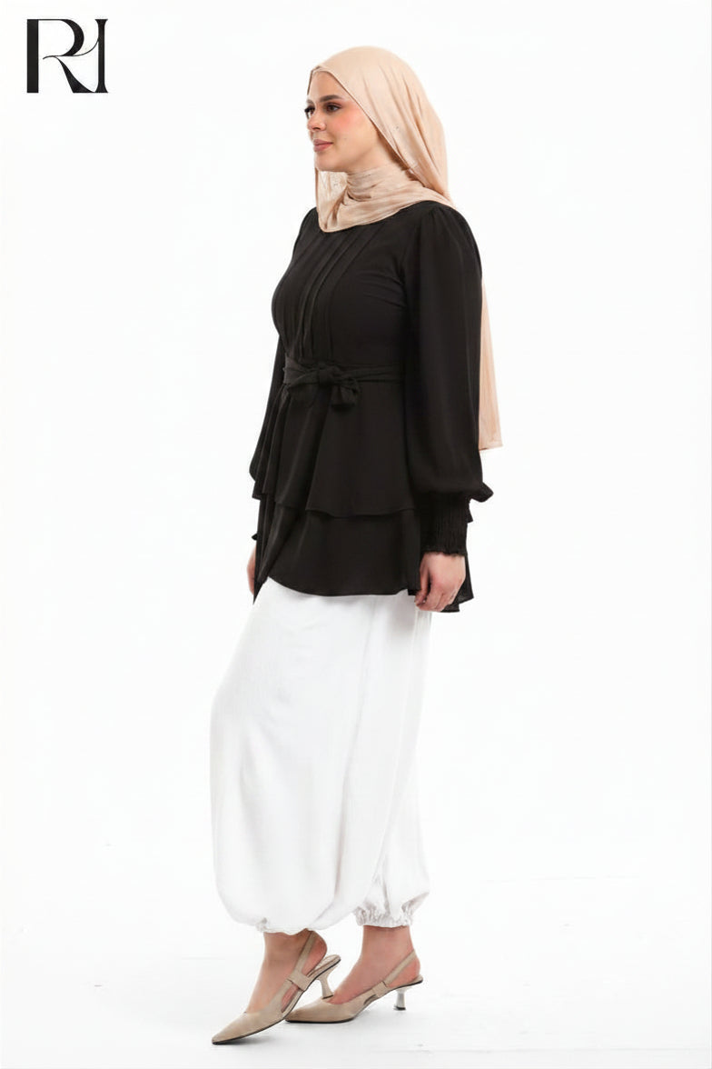 Alya Contrast Linen Silk Two Piece  Set - Black