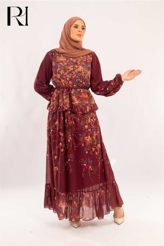 Yasmin Burgundy Bloom Peplum Maxi Dress - Ruehaya