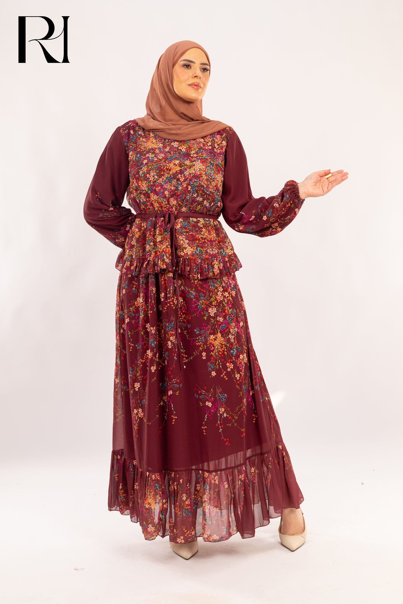 Yasmin Burgundy Bloom Peplum Maxi Dress - Ruehaya