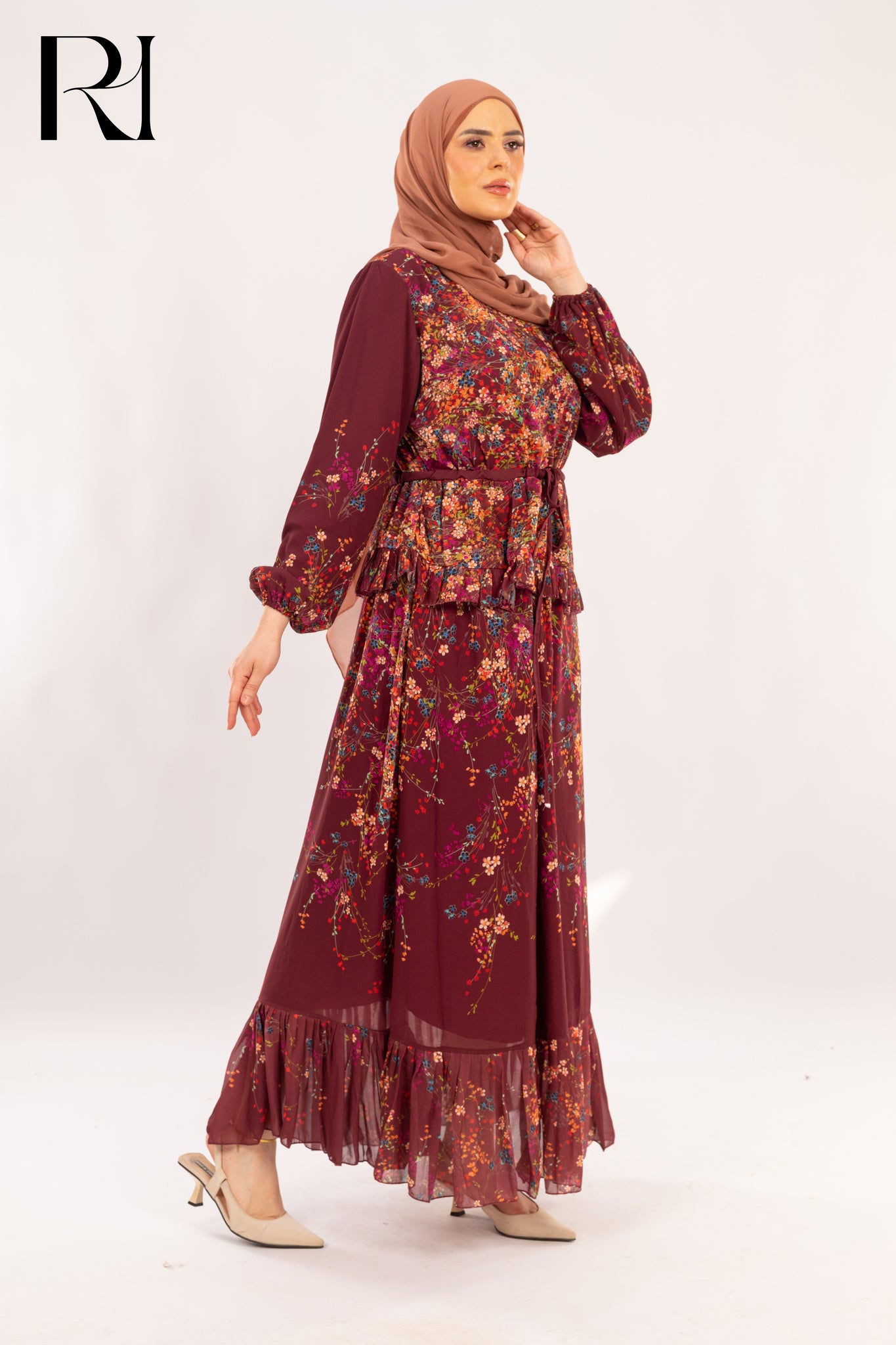 Yasmin Burgundy Bloom Peplum Maxi Dress - Ruehaya